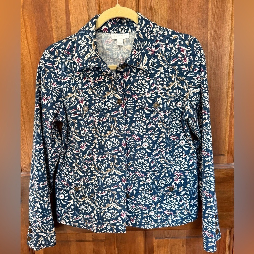 CHARTER CLUB Blue Red Floral Denim Jean-Style Jacket Brass Buttons Size S EUC